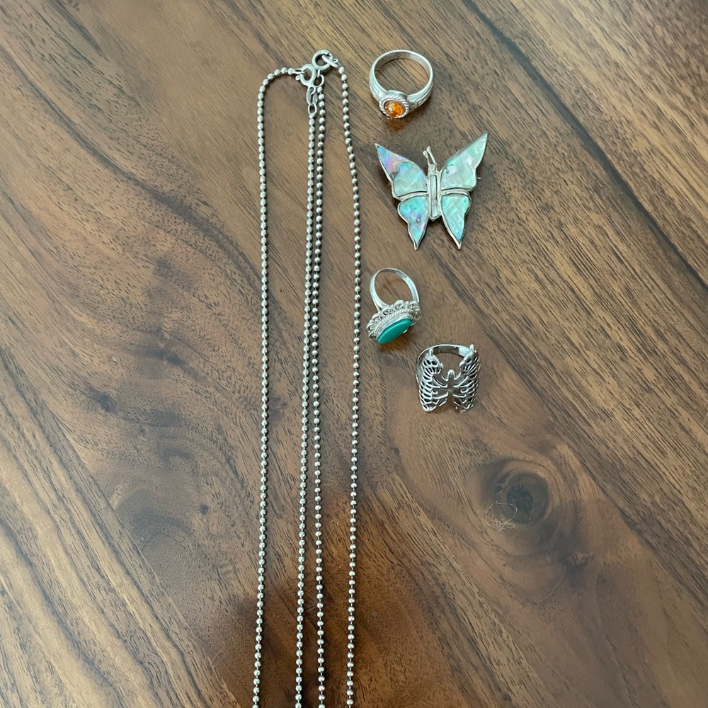Vintage Sterling silver 6 piece Lot Rings Chains Pin